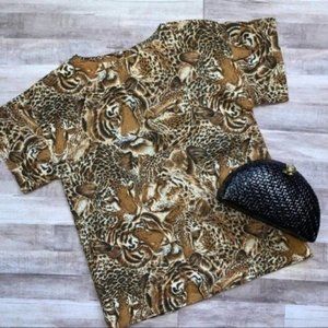 Vintage 70s 80s Tiger Big Cats Print Handmade Short Sleeve Top Blouse Medium